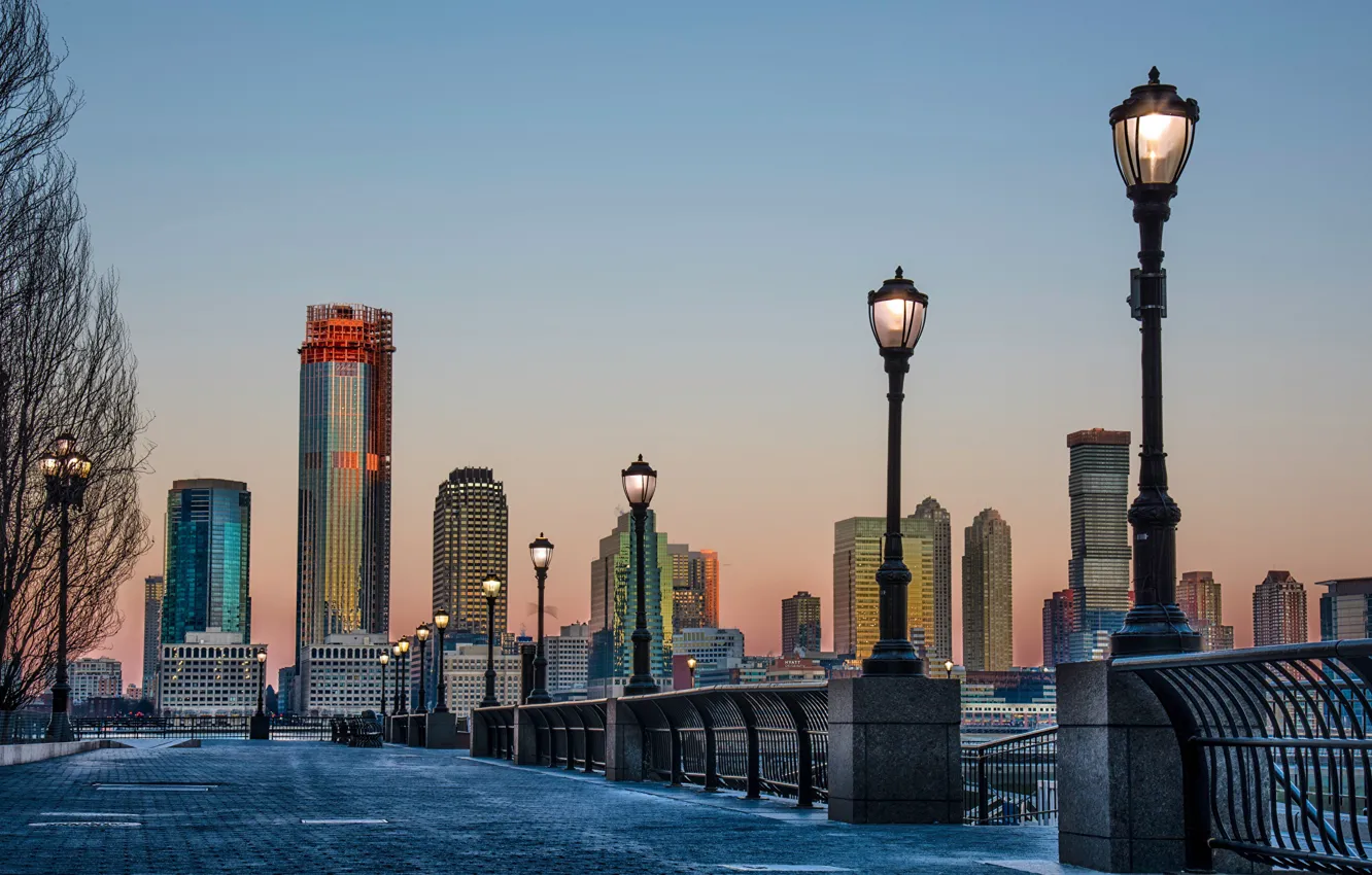 Photo wallpaper the sky, the city, street, building, New York, skyscrapers, lights, USA