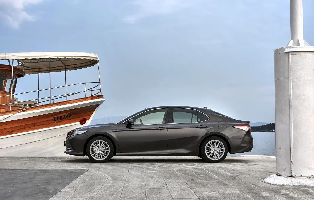 Photo wallpaper shore, pier, The ship, Toyota, sedan, side view, Hybrid, Camry