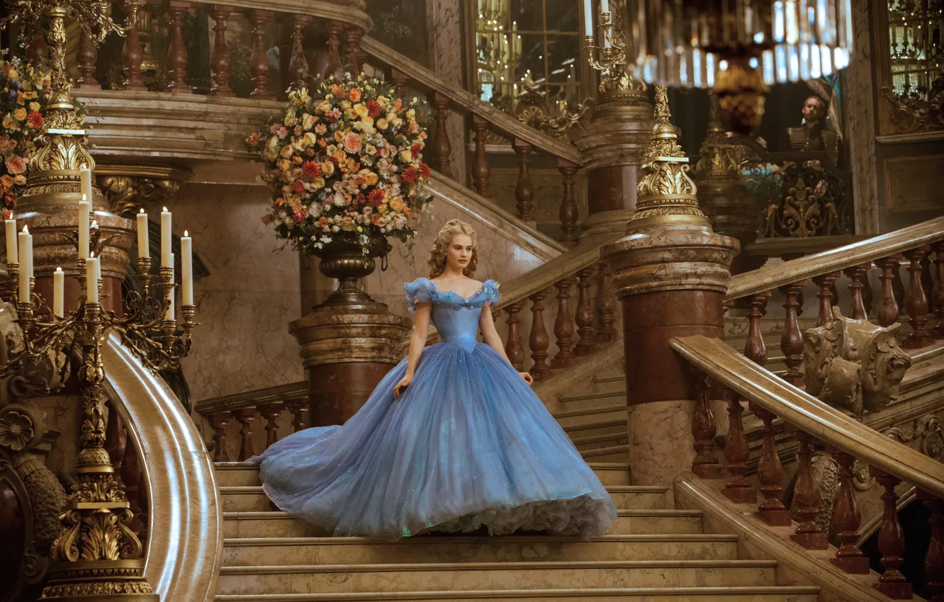 Photo wallpaper flowers, dress, ladder, hall, Cinderella, Lily James, Lily James