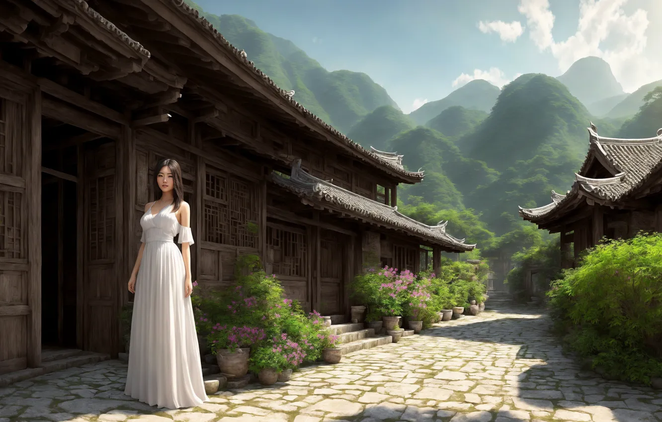 Photo wallpaper green, japan, flowers, hills, village, asian girl, ai art