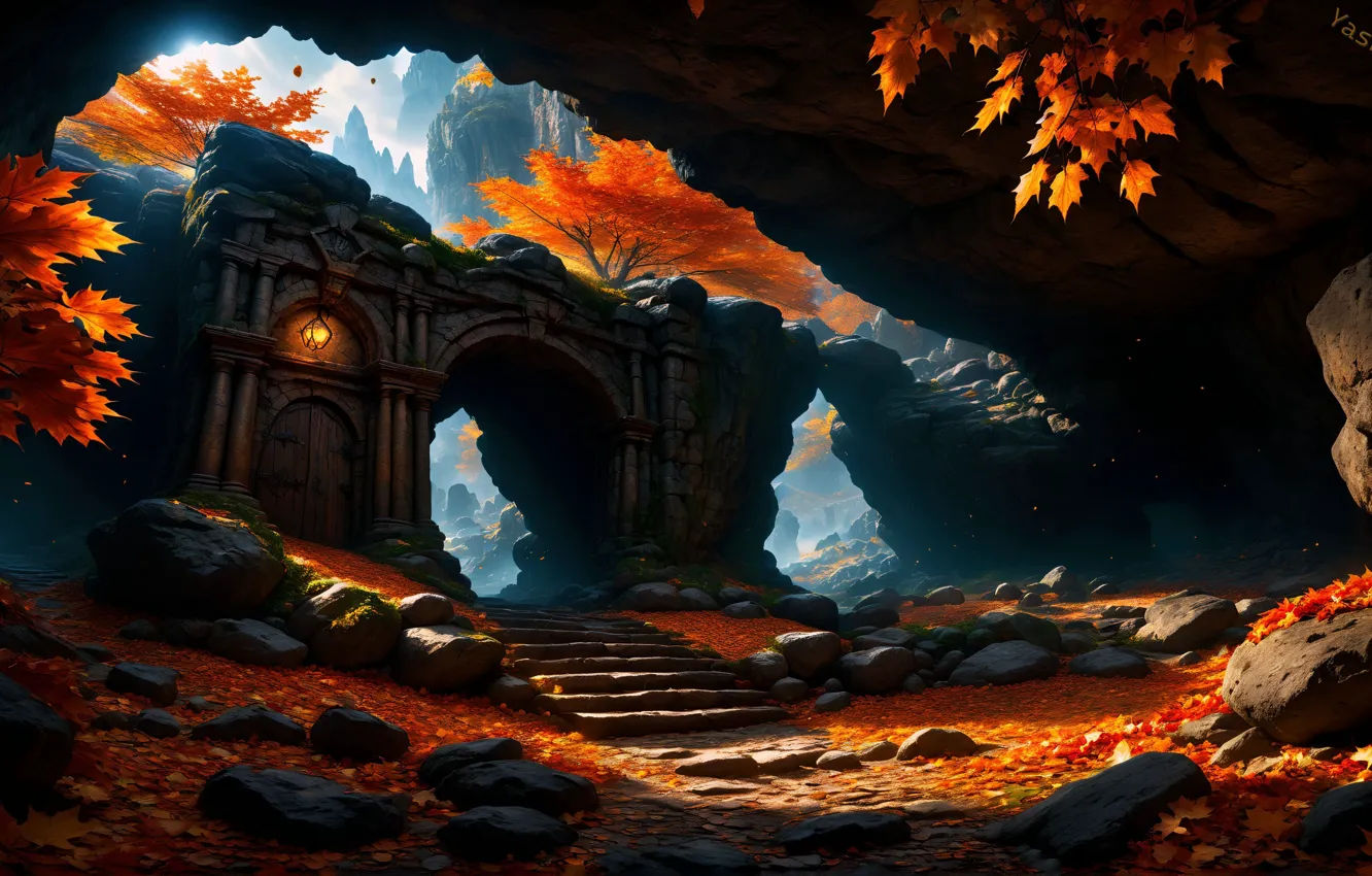 Photo wallpaper art, autumn, ruins, arch