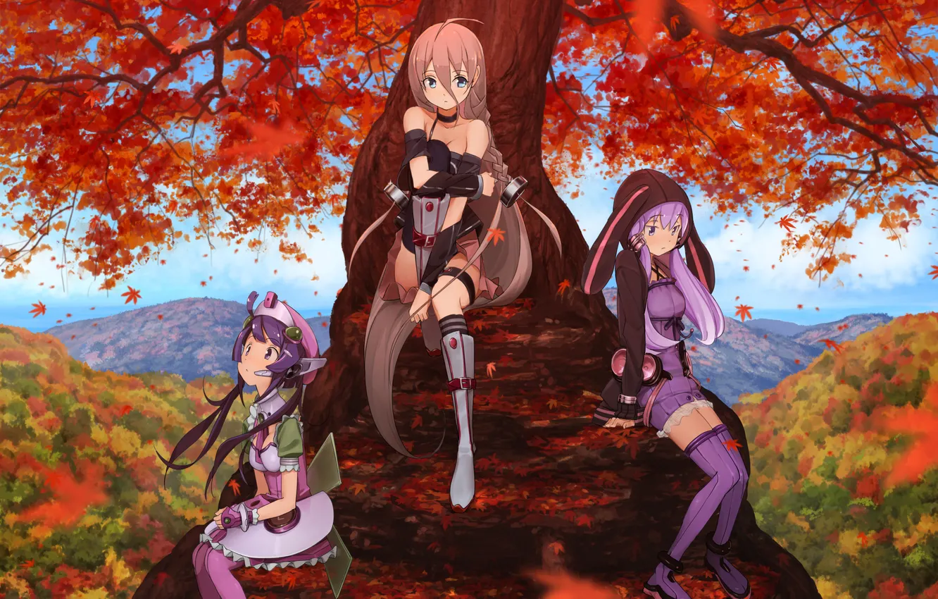 Photo wallpaper autumn, leaves, girl, trees, mountains, nature, art, vocaloid
