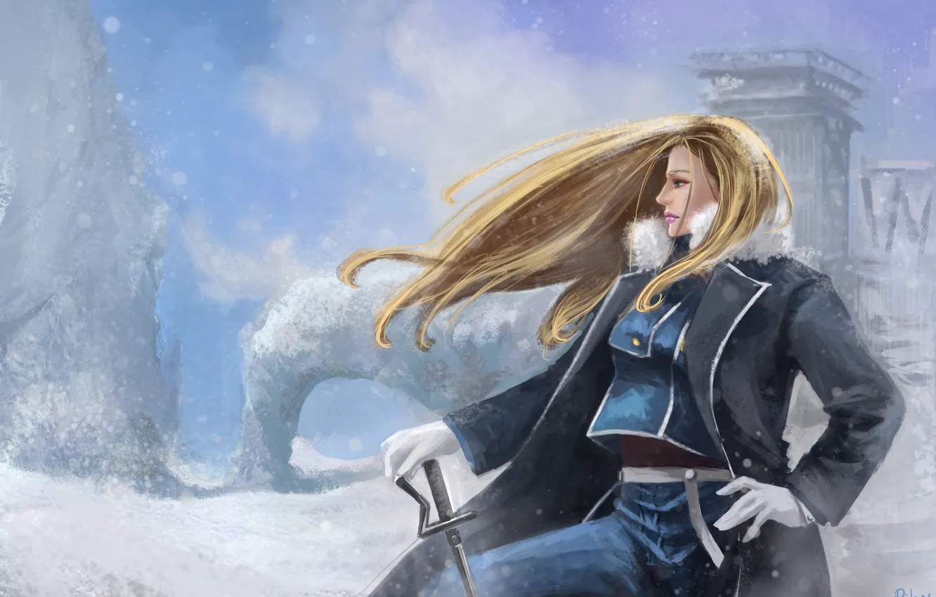 Photo wallpaper girl, snow, weapons, storm, form, art, RikaMello, Olivier Mira Armstrong