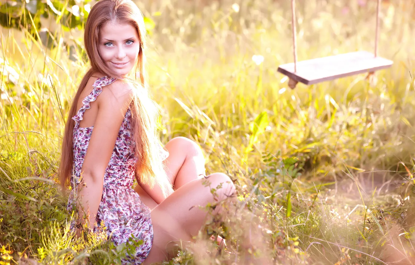 Photo wallpaper grass, girl, smile, swing, dress, brown hair, legs, jasmine