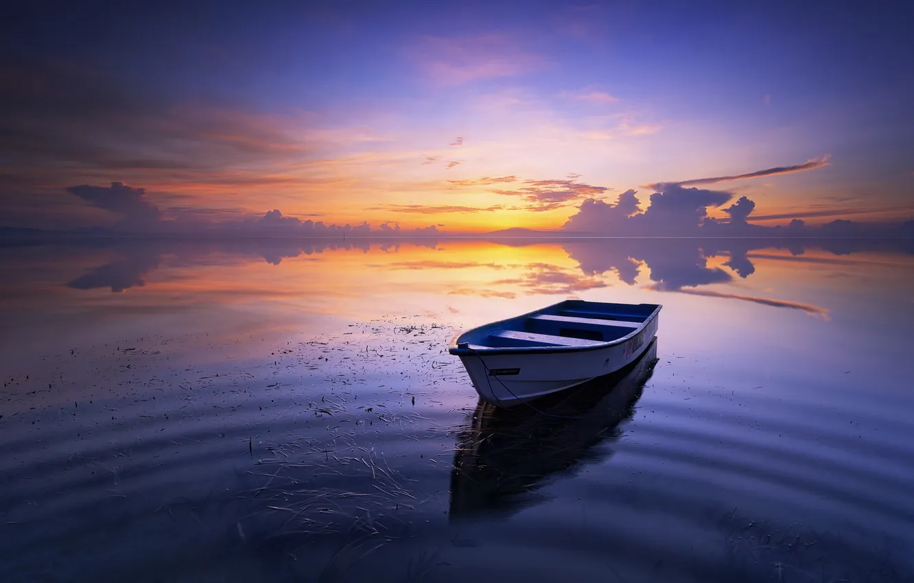 Photo wallpaper landscape, sunset, lake, boat