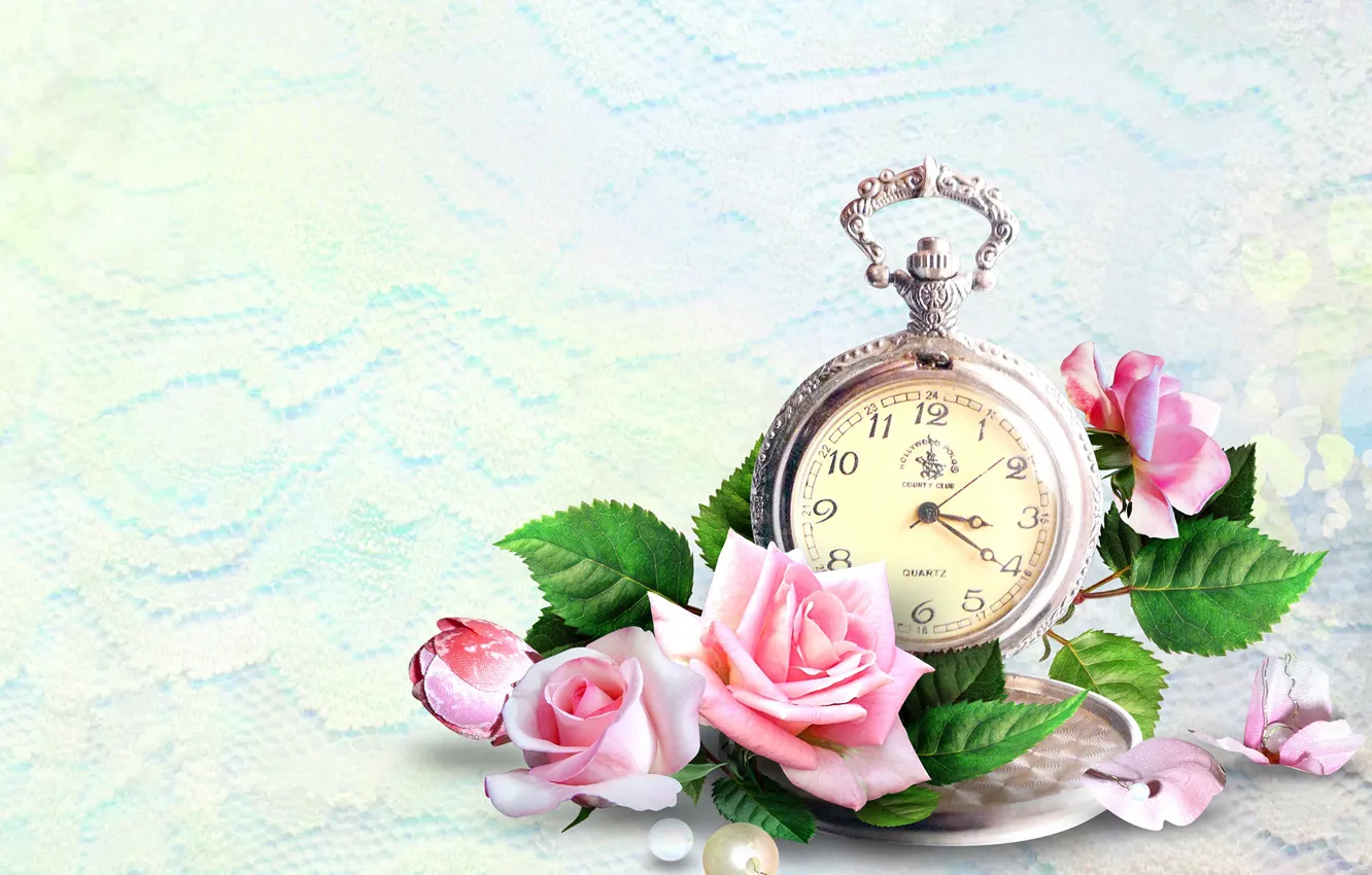 Photo wallpaper flowers, background, watch, roses