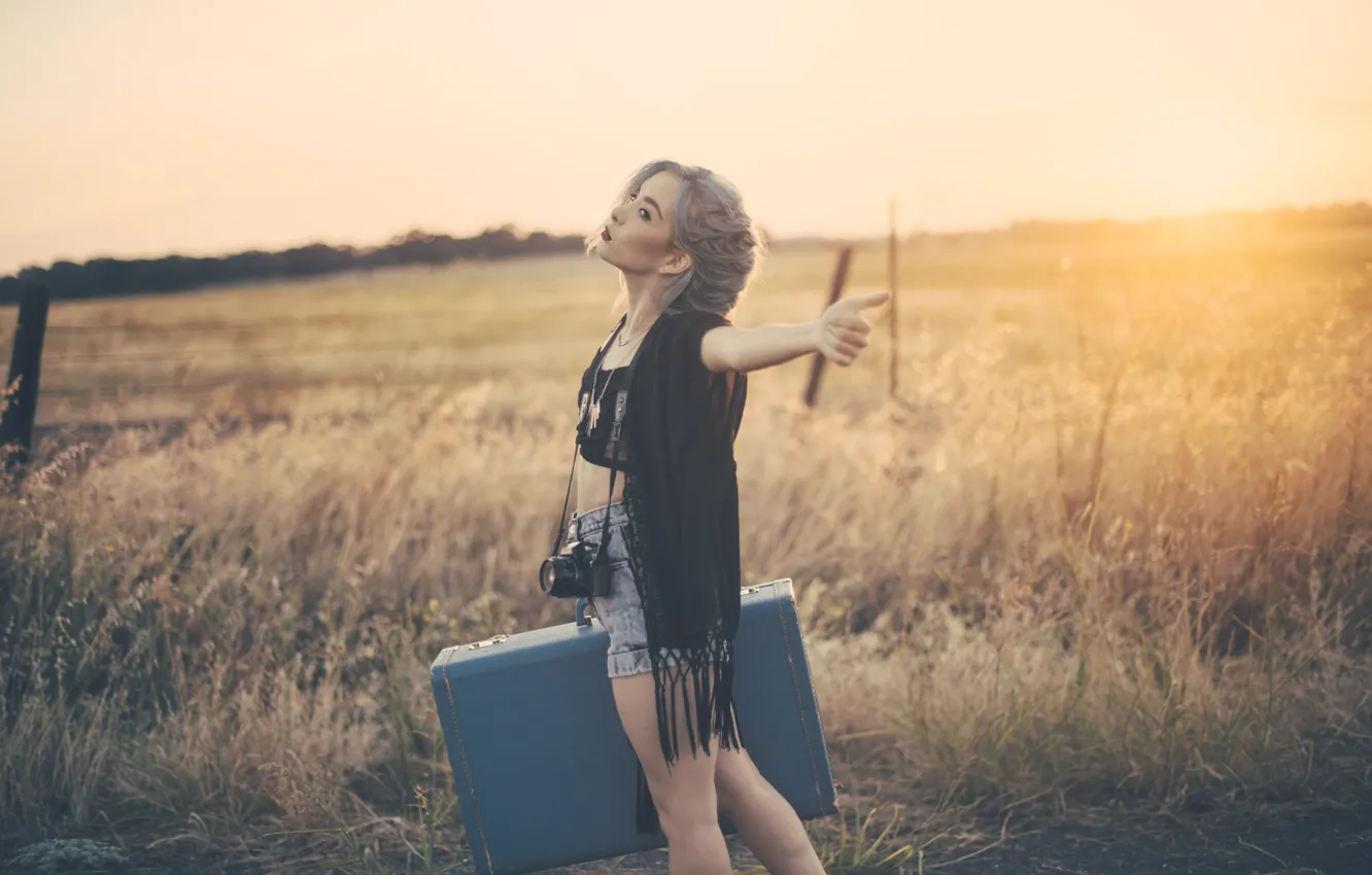 Photo wallpaper girl, hair, the camera, suitcase