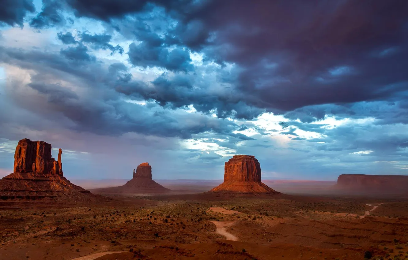 Photo wallpaper the sky, clouds, mountains, rocks, the evening, USA, Monument valley