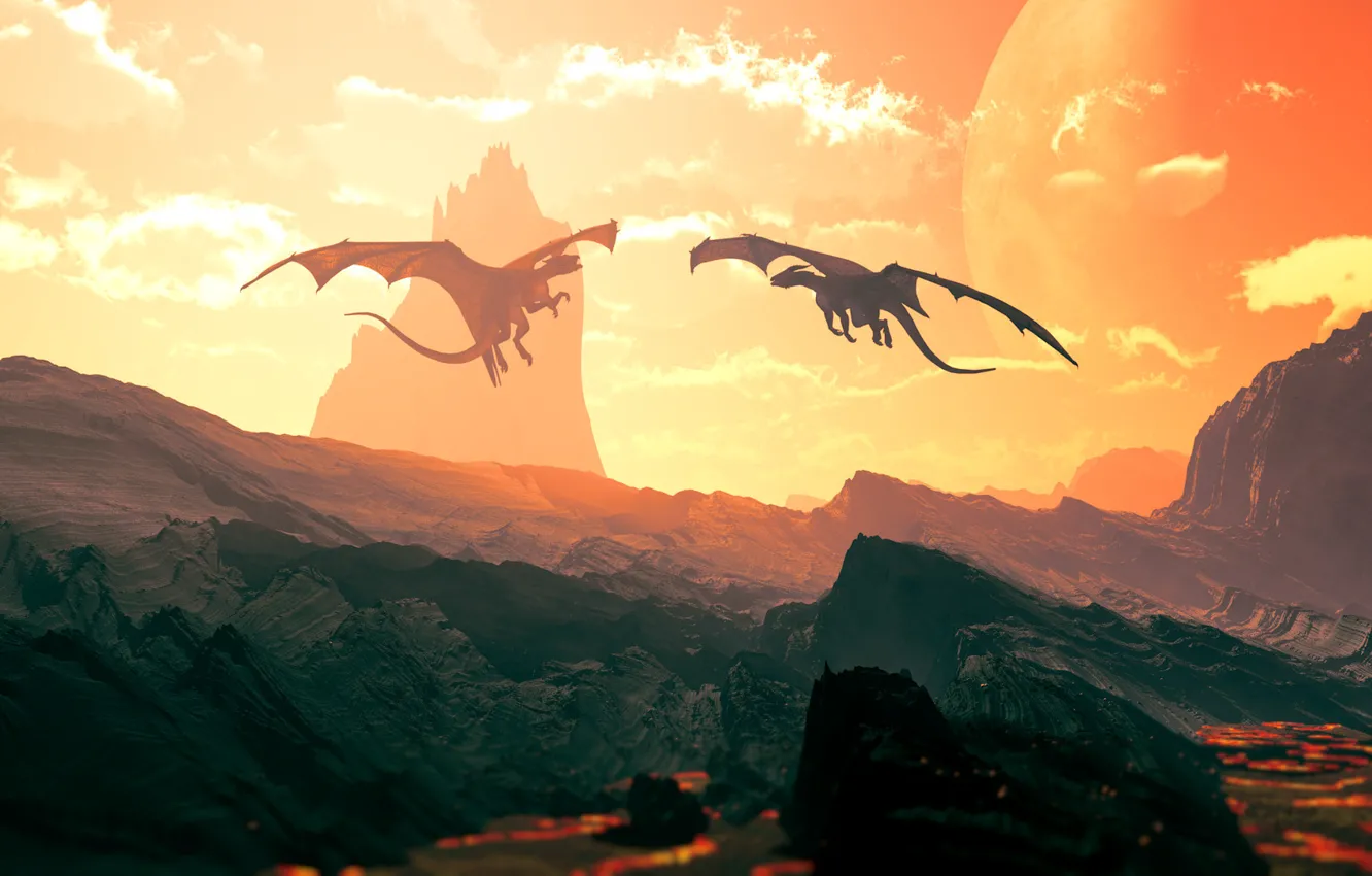Photo wallpaper dragons, valley, two, dragon stronghold