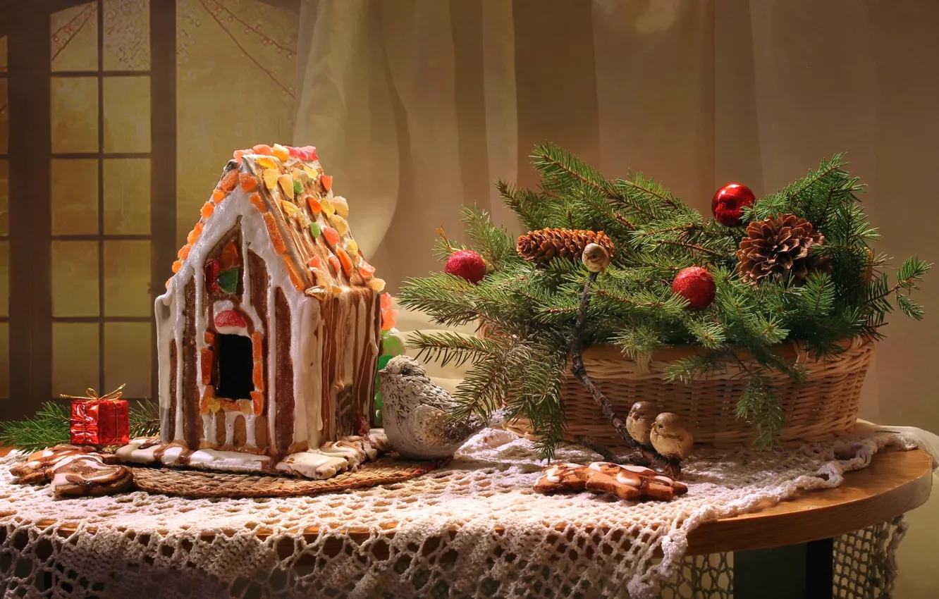 Photo wallpaper spruce, bird, bumps, gingerbread house, candied