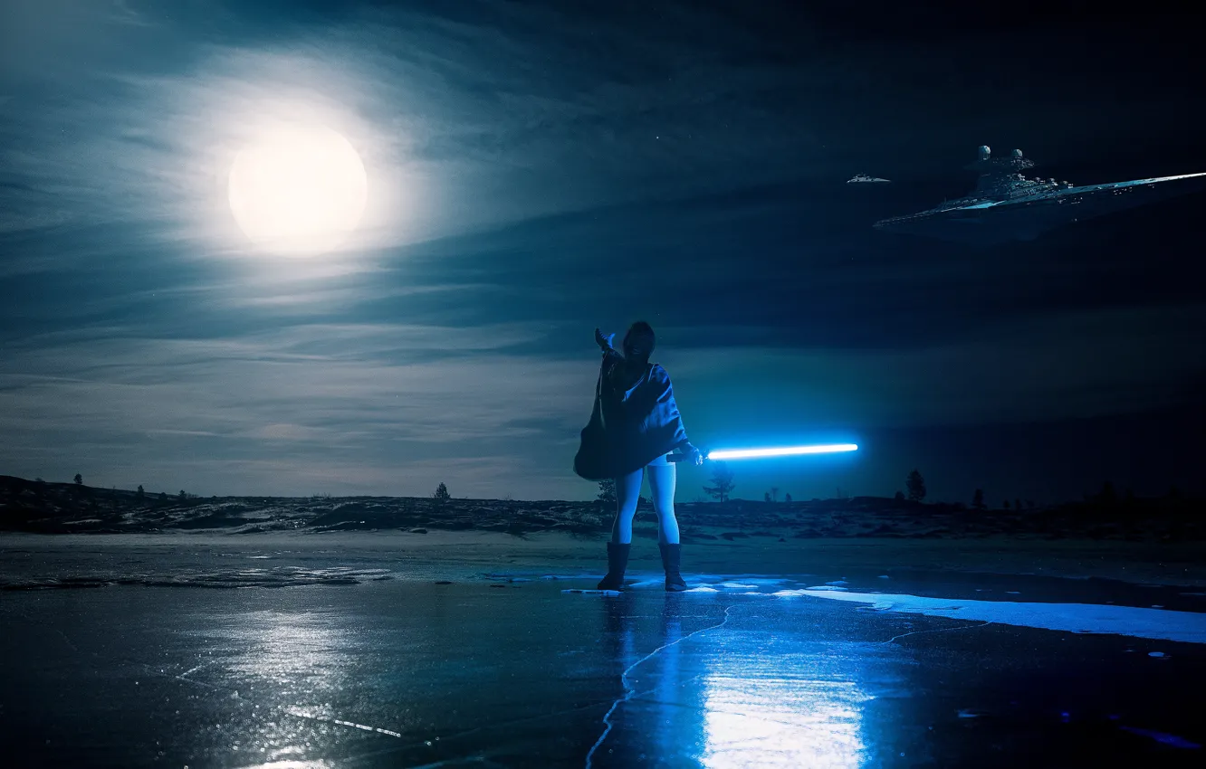 Photo wallpaper girl, night, fiction, ship, UFO, sword, space, starship