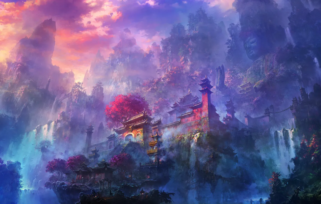 Photo wallpaper fog, dawn, waterfall, Mountains, temple, statue