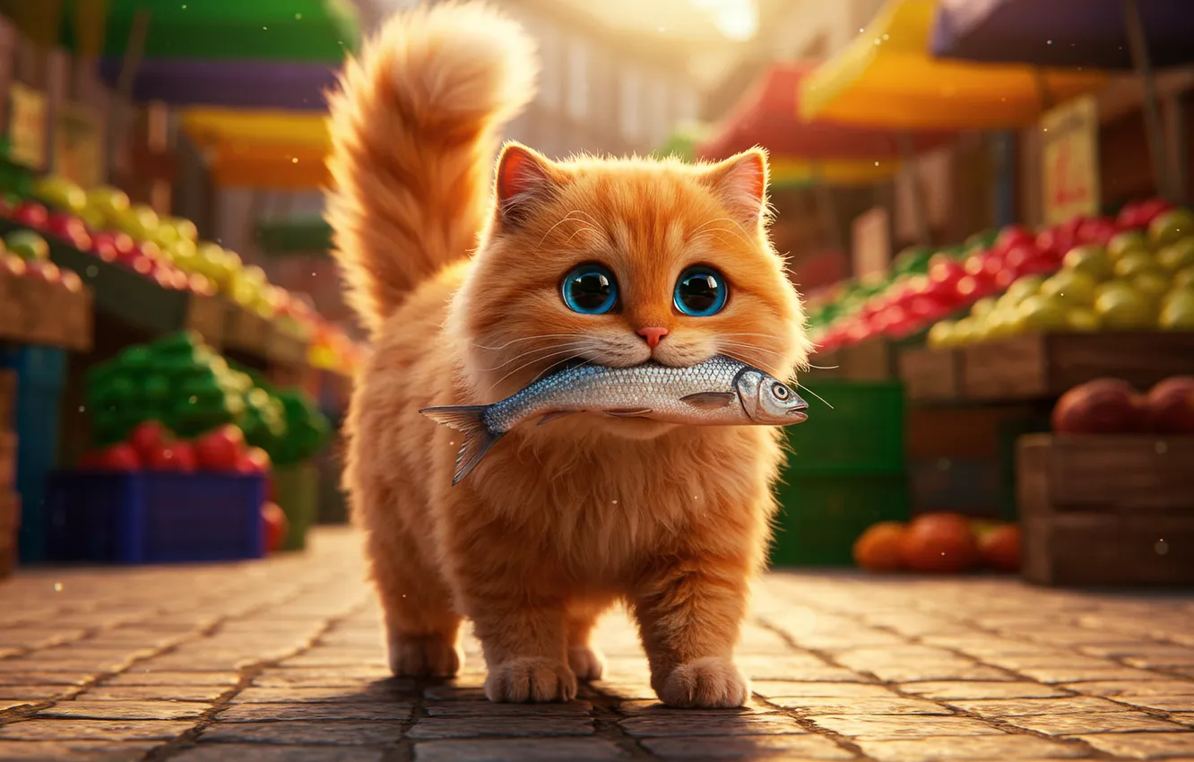 Photo wallpaper fish, art, wallpaper, kitty, kitten, market, art, fish
