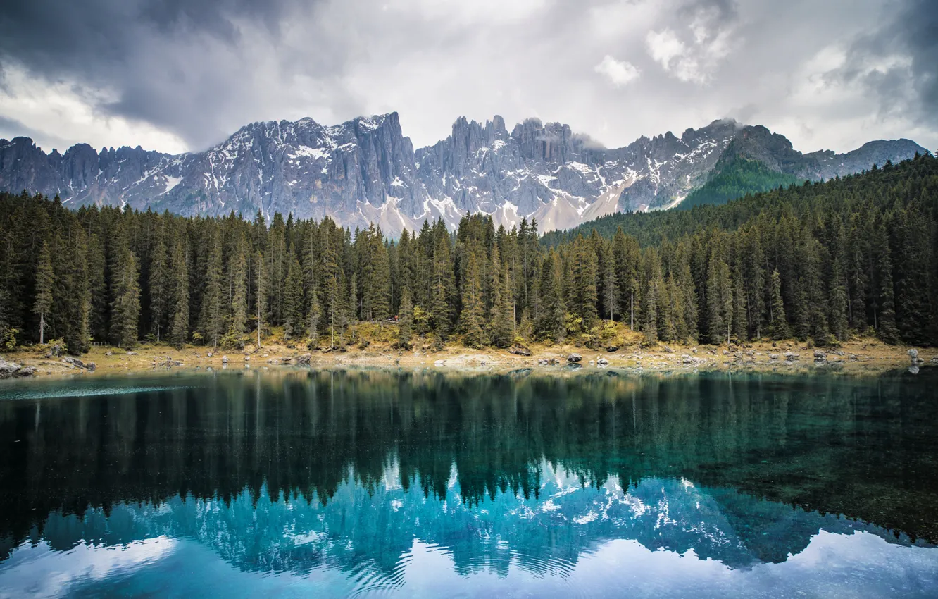 Photo wallpaper forest, mountains, lake, Italy, Bolzano, Lake Carezza