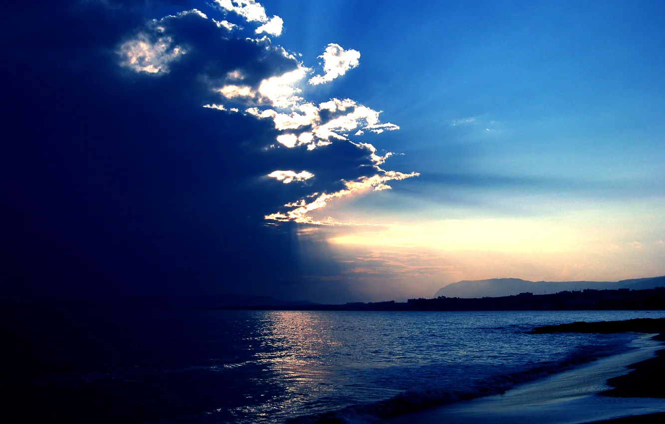 Photo wallpaper sea, the sky, the sun, clouds, rays, nature, blue, Nature