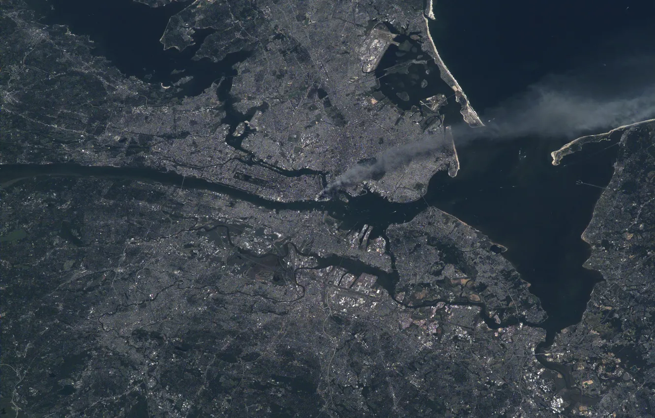 Photo wallpaper smoke, New York, Manhattan, ISS, New York, Manhattan, Shopping center, 2001.09.11.