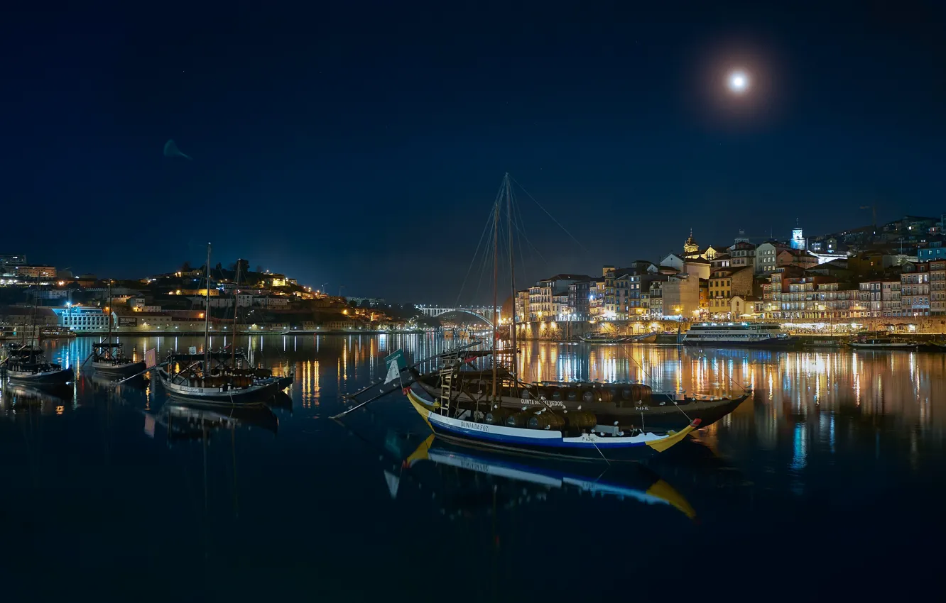Photo wallpaper night, the city, boat, port, Portugal, pond