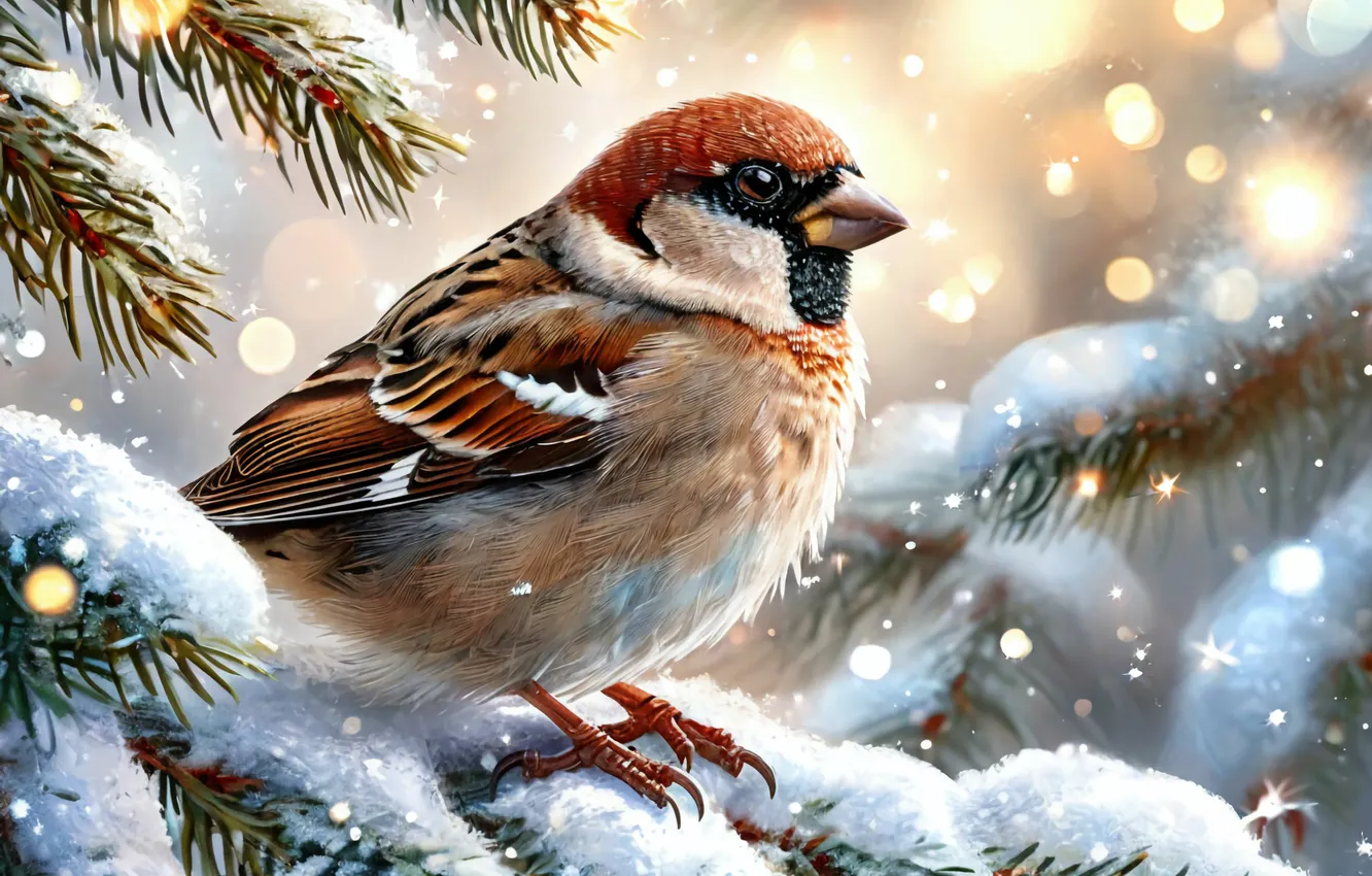 Photo wallpaper winter, bird, new year, Sparrow