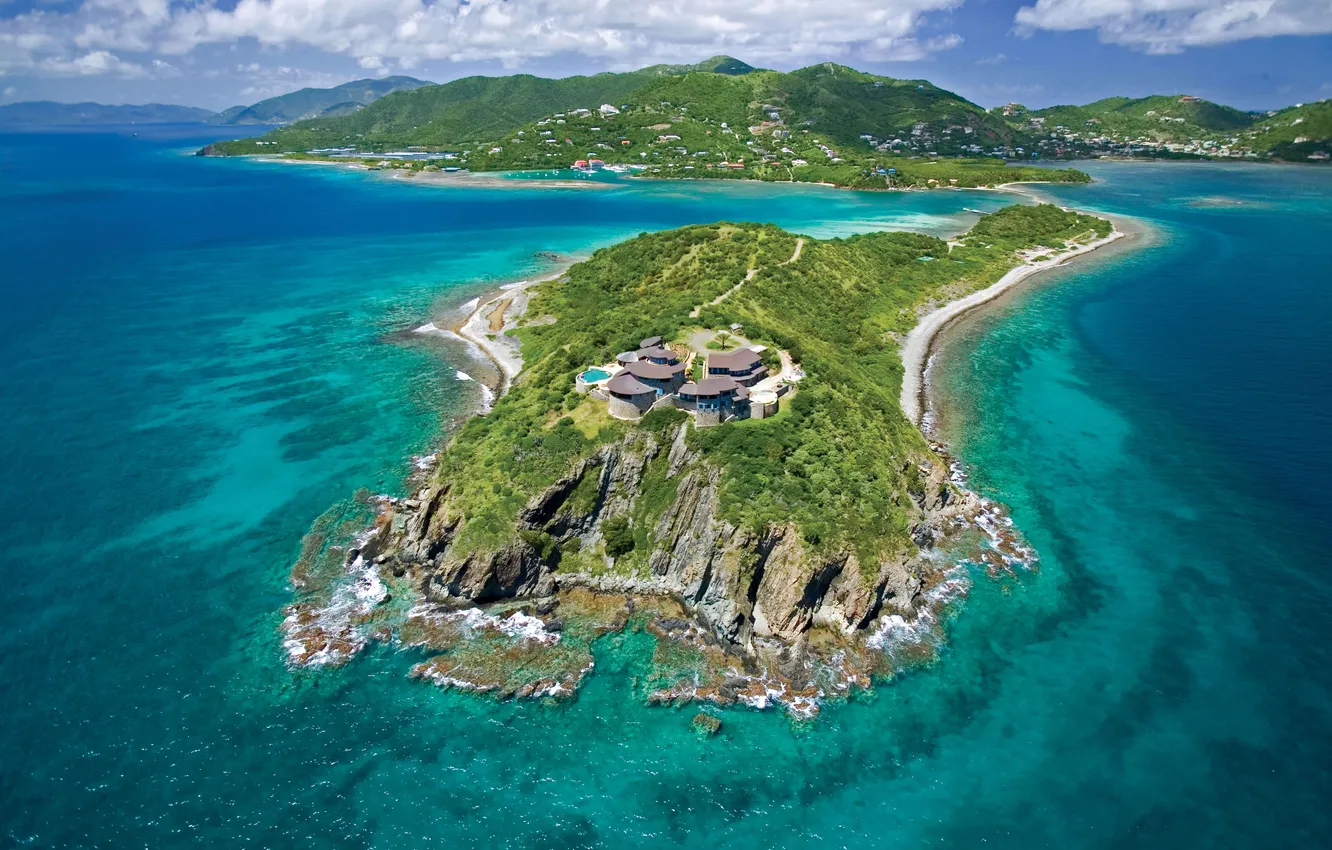 Photo wallpaper the sky, clouds, landscape, nature, the ocean, rocks, Villa, island