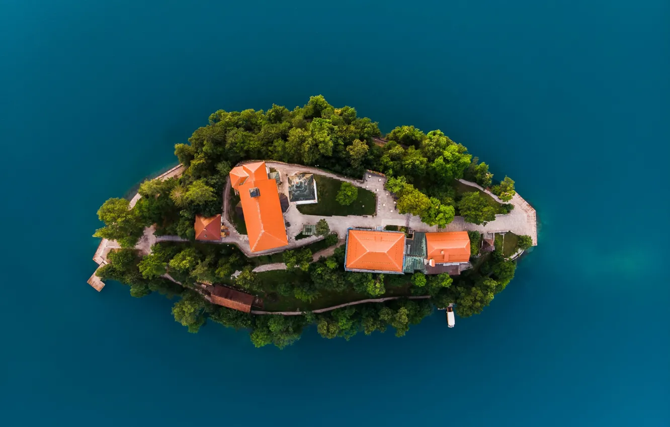 Photo wallpaper lake, house, island
