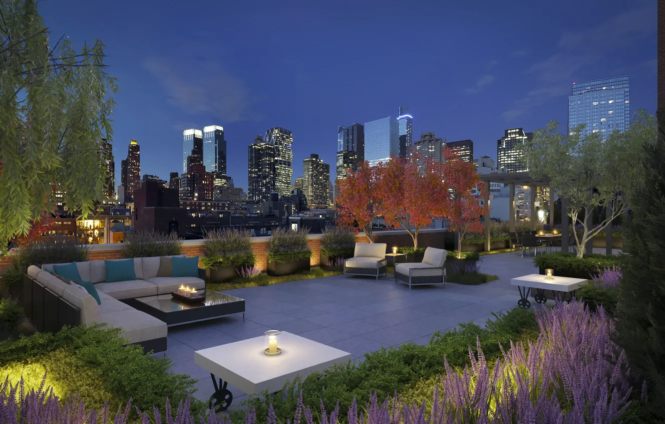 Photo wallpaper penthouse, terrace, luxurious, city view, outdoor living spaces