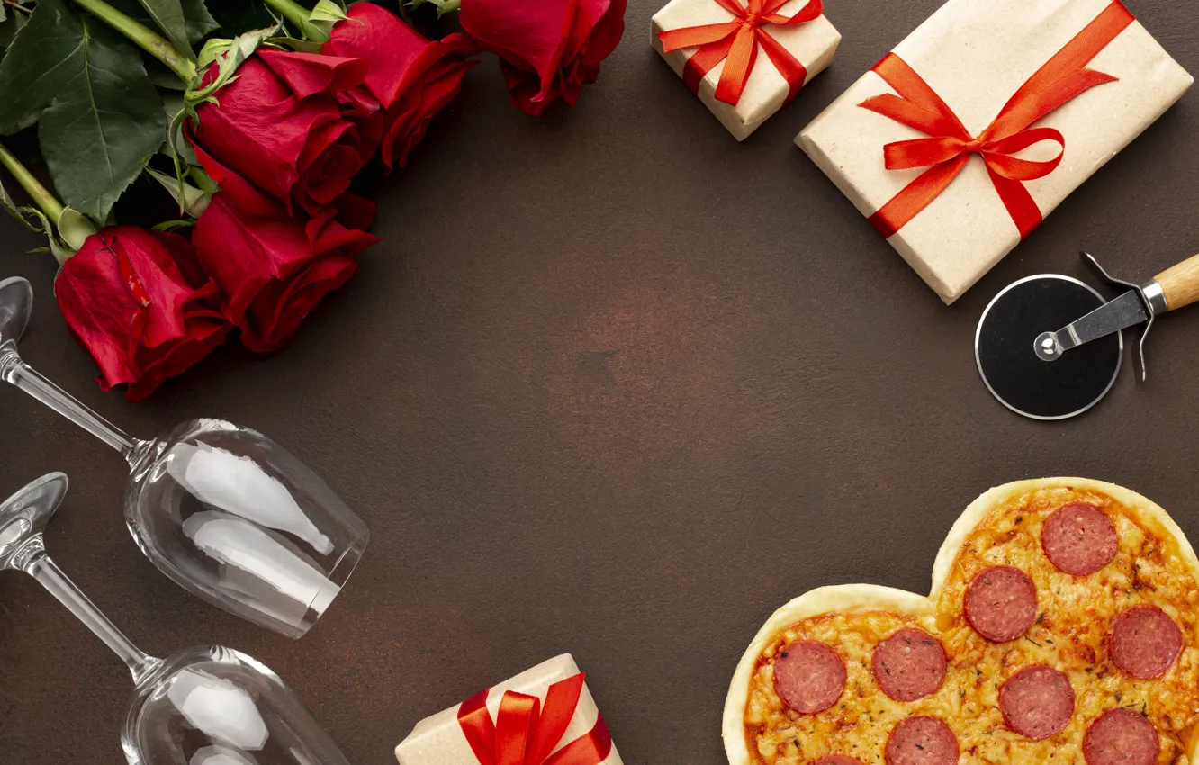 Photo wallpaper Valentine's day, box, red, glass, flowers, holiday, heart, brown background