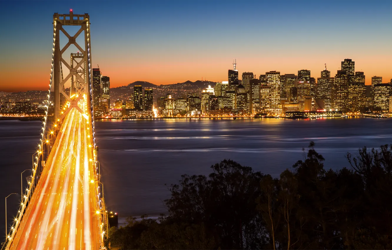 Photo wallpaper mountains, night, bridge, the city, lights, dawn, megapolis, San Francisco