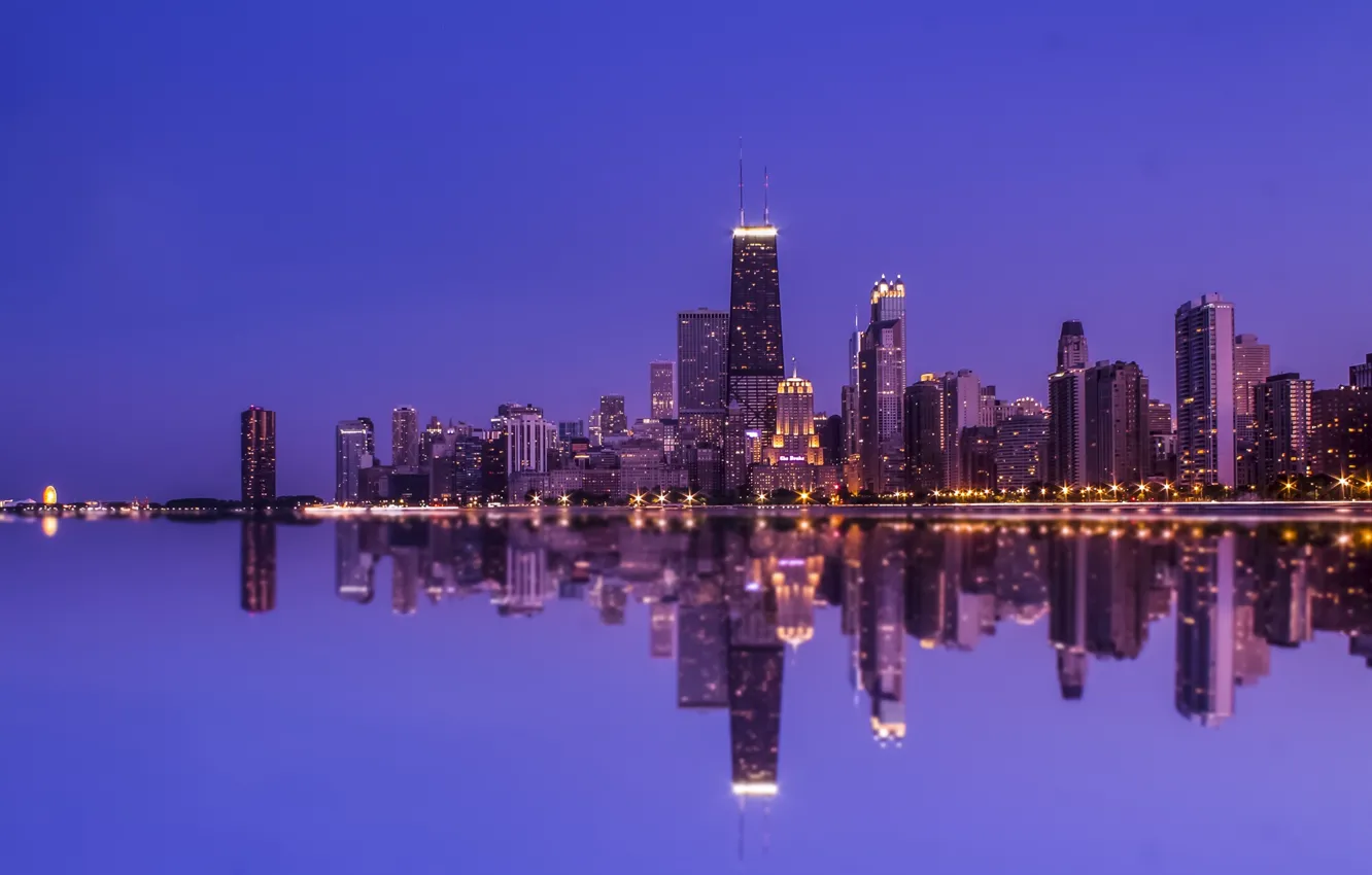 Photo wallpaper the sky, night, lights, reflection, mirror, Chicago, twilight, Il