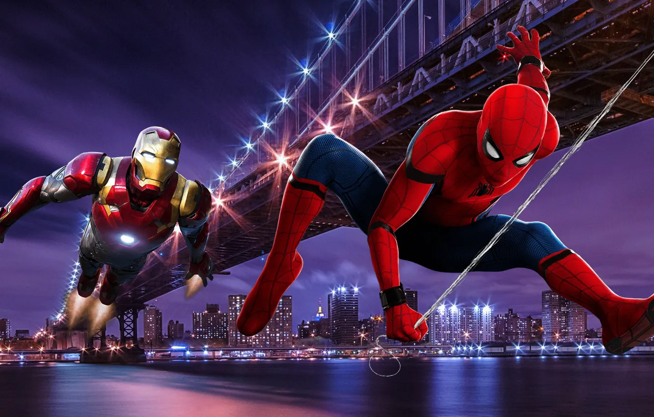 Photo wallpaper Bridge, New York, Night, Iron Man, Tony Stark, Peter Parker, Spider Man