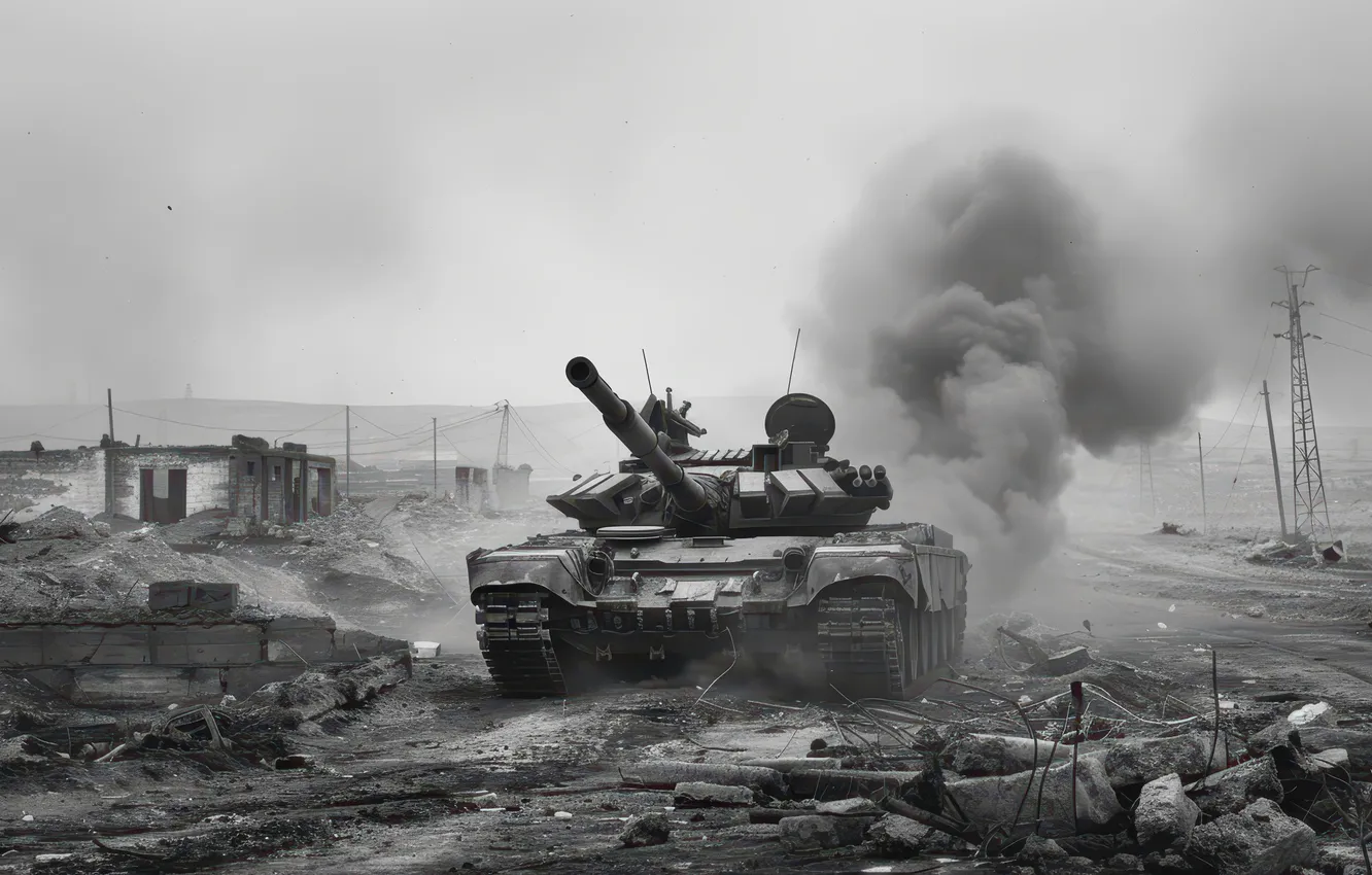 Photo wallpaper smoke, tank, devastation, black and white, digital art, AI art, The Art of Artificial Intelligence, …