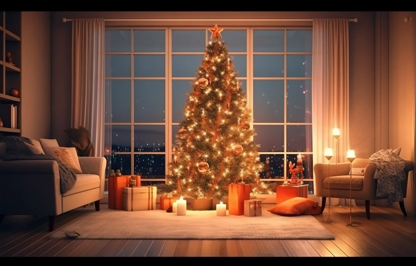 Photo wallpaper decoration, room, gift, balls, tree, new year, interior, Christmas