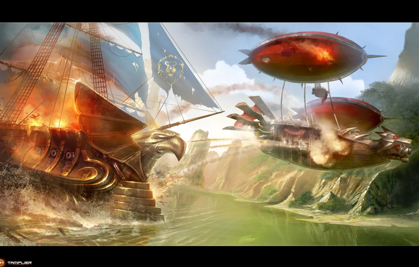Photo wallpaper fire, ship, the airship, Alliance, wow, world of warcraft, Horde, opposition
