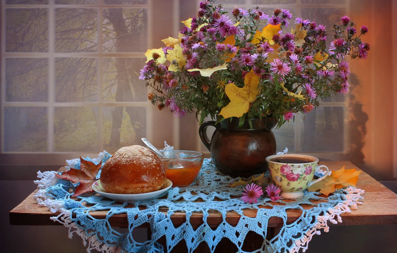 Photo wallpaper autumn, leaves, flowers, tea, still life, chrysanthemum, November, apricot jam