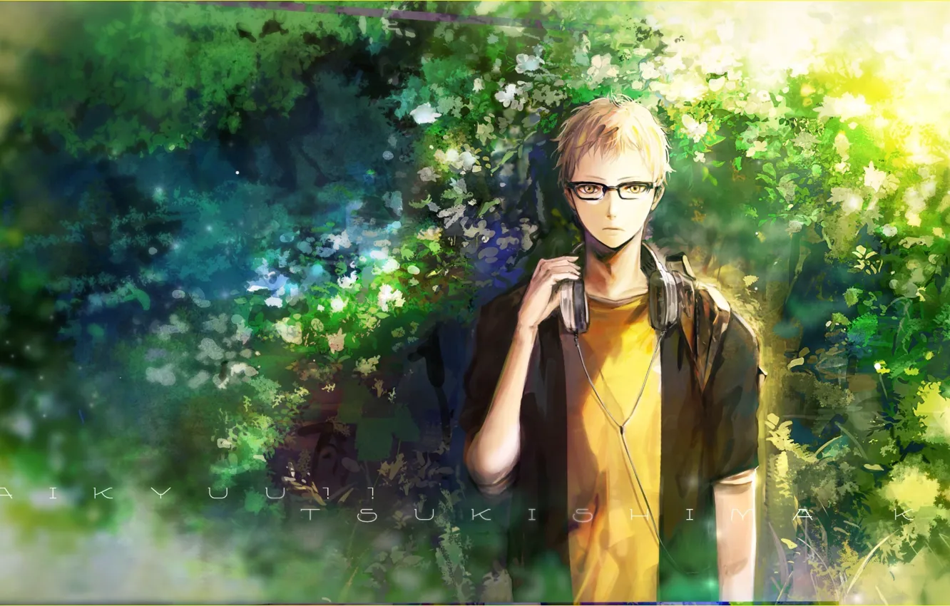 Photo wallpaper anime, headphones, art, glasses, guy, haikyuu!!, tsukishima kei, orka