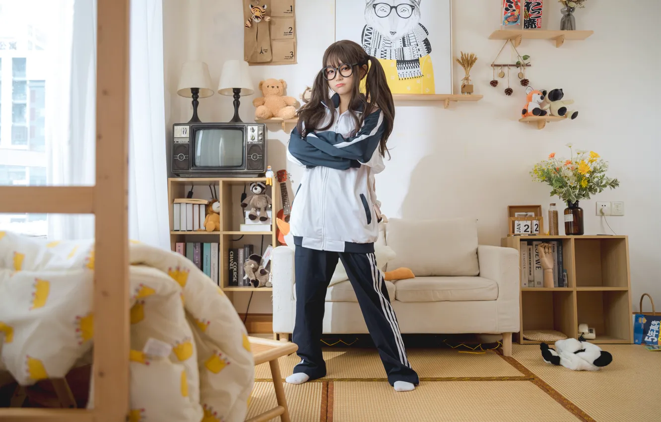 Photo wallpaper asian, glasses, black hair, White Bra, on the floor, White socks