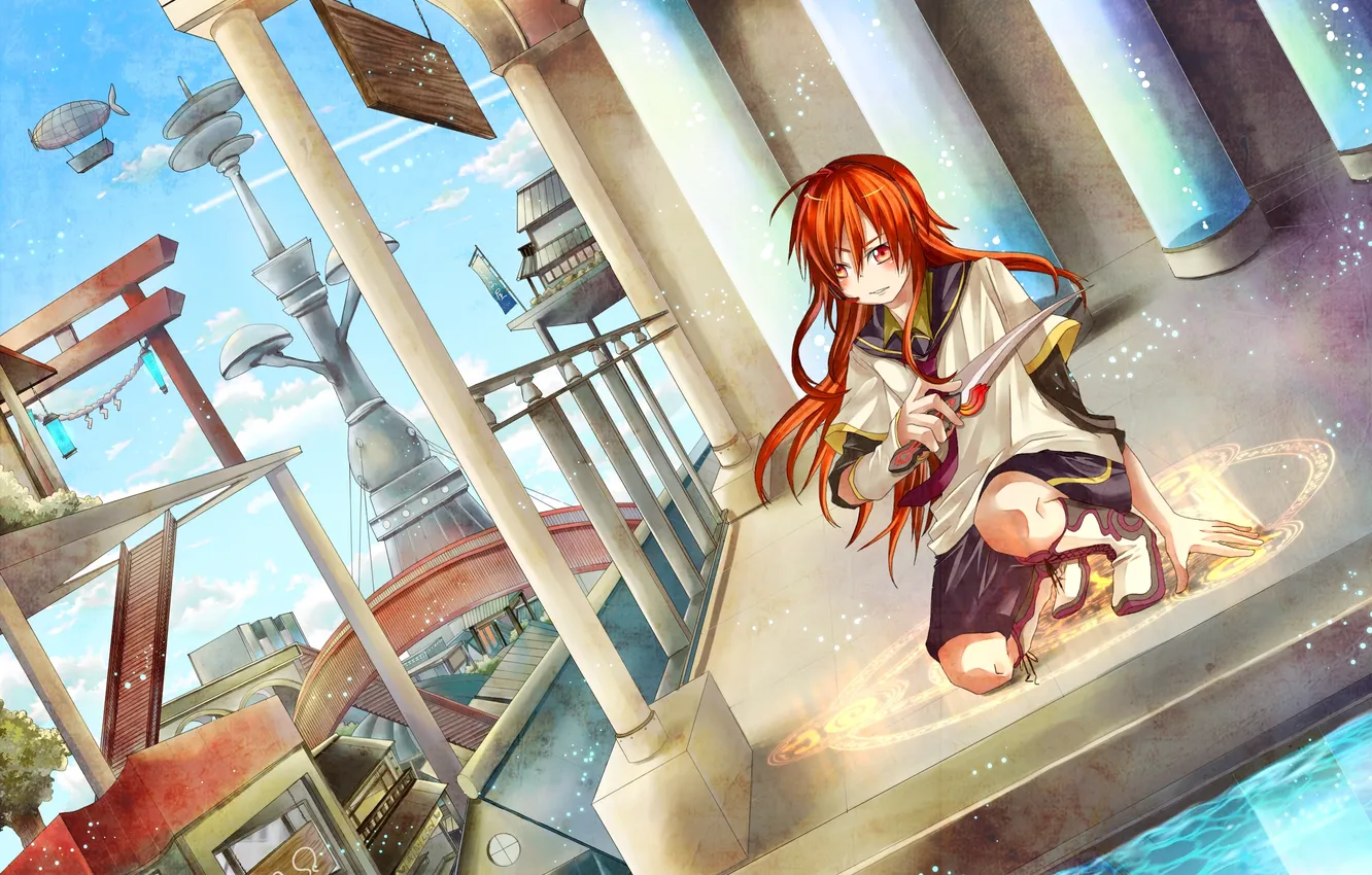 Photo wallpaper the sky, water, girl, clouds, the city, weapons, magic, home