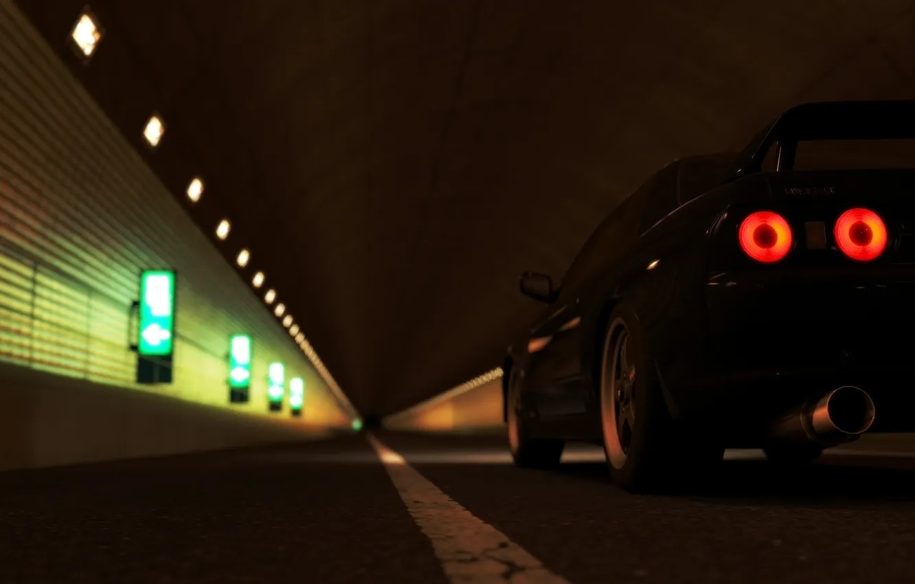 Photo wallpaper road, light, lights, Nissan, skyline, cars, auto, tunnel