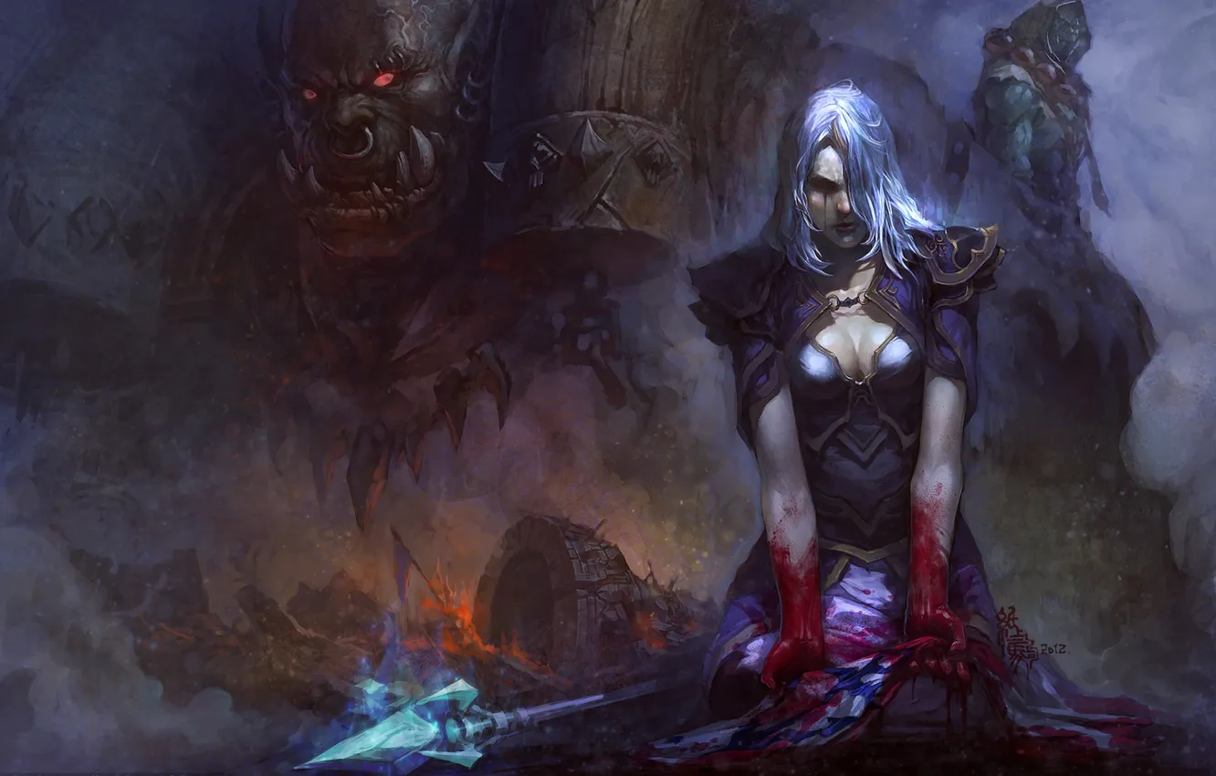 Photo wallpaper girl, magic, blood, armor, staff, Orc