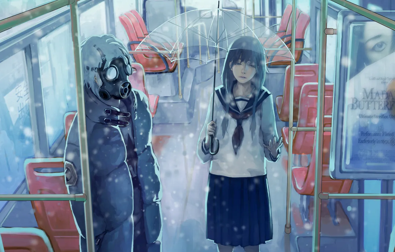 Photo wallpaper girl, snow, umbrella, gas mask, guy, school uniform