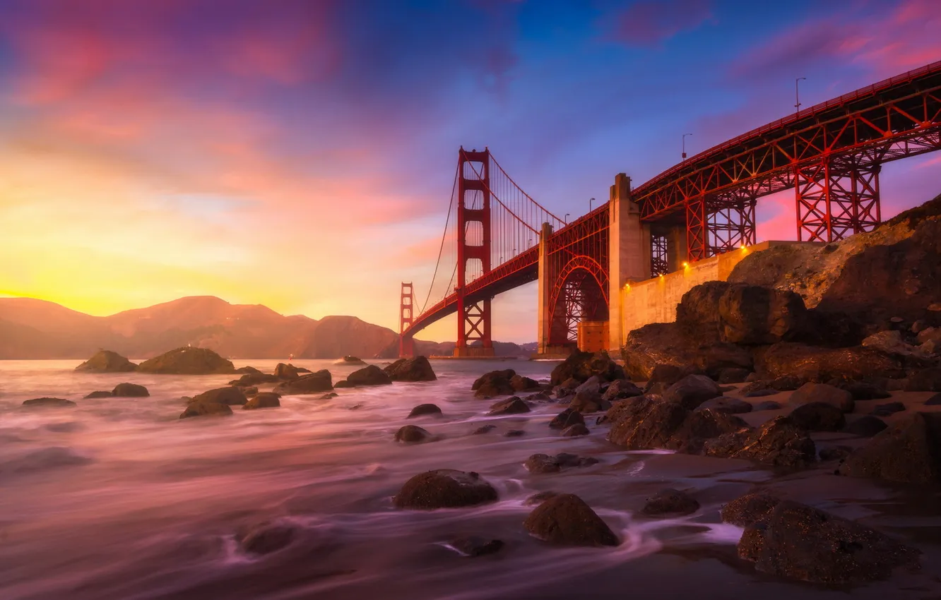 Photo wallpaper Golden Gate Bridge, sunset, California