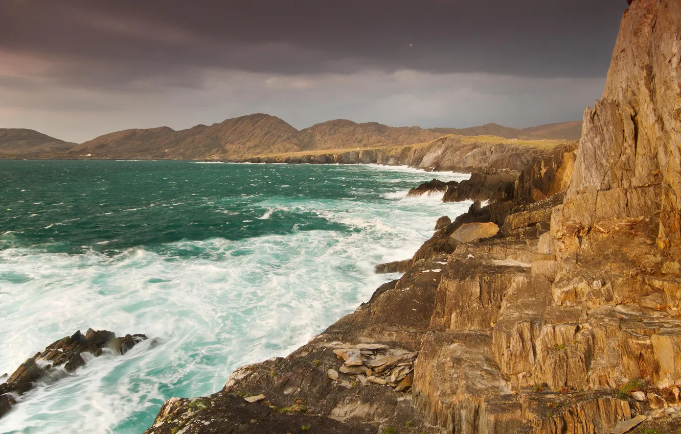 Photo wallpaper sea, the sky, mountains, clouds, storm, rocks