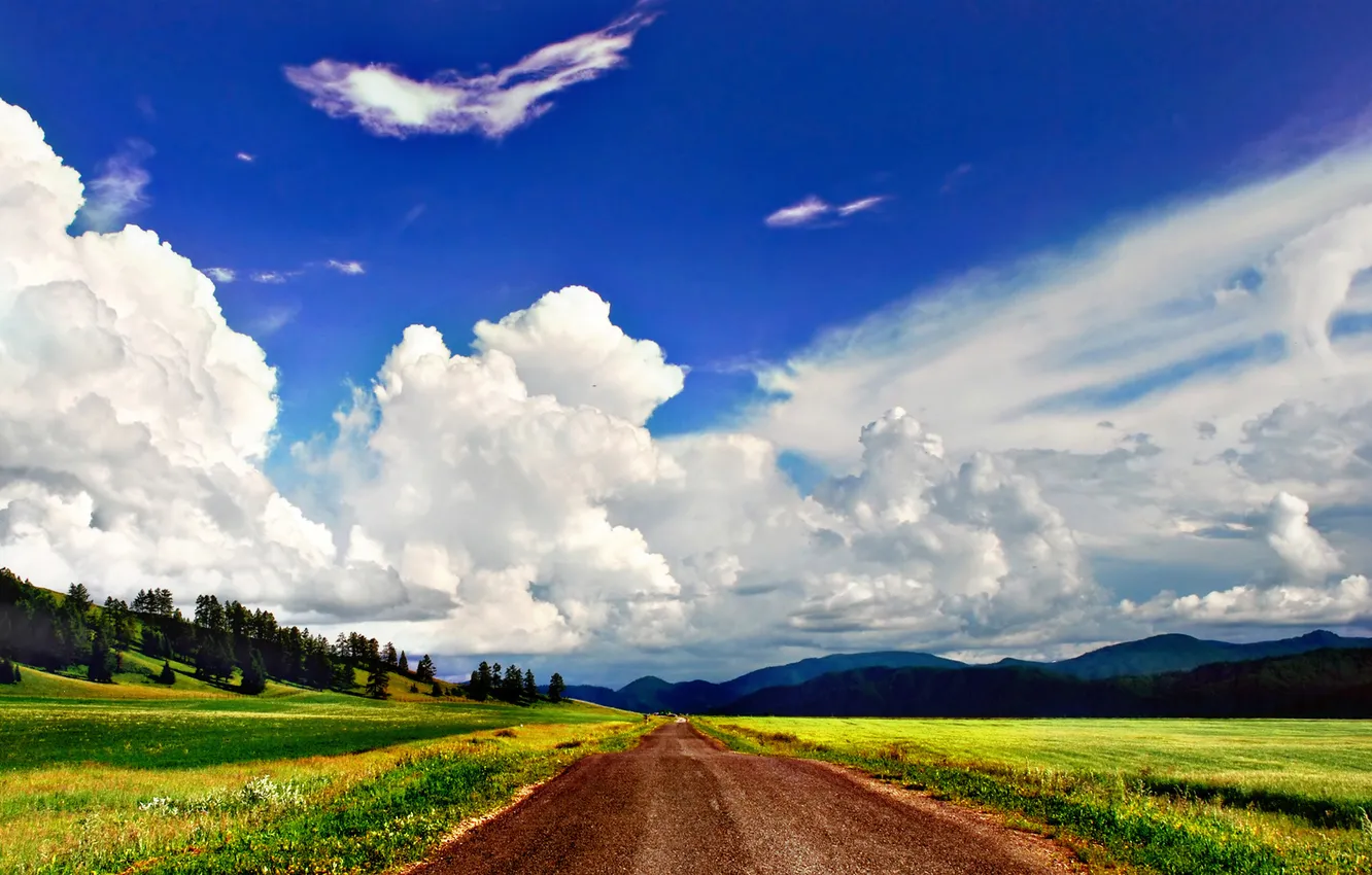 Photo wallpaper road, grass, trees, landscape, mountains, nature, the way, Wallpaper