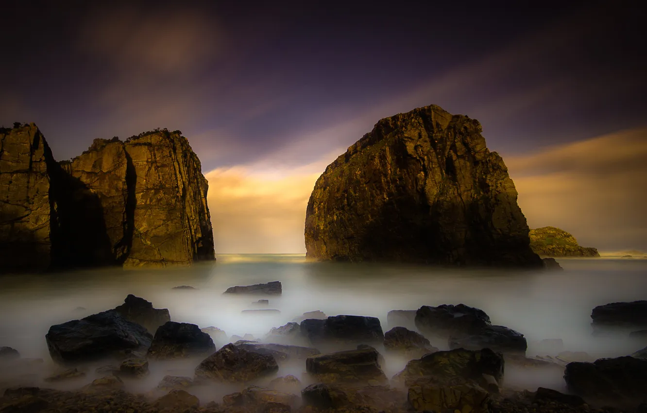Photo wallpaper landscape, the ocean, rocks, dawn