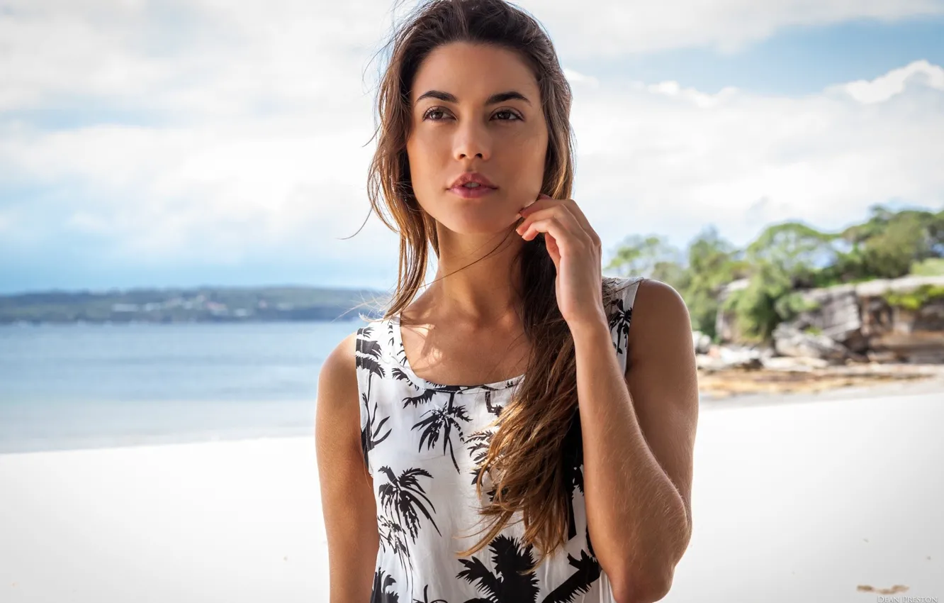 Photo wallpaper sea, beach, the sun, landscape, pose, model, portrait, hands