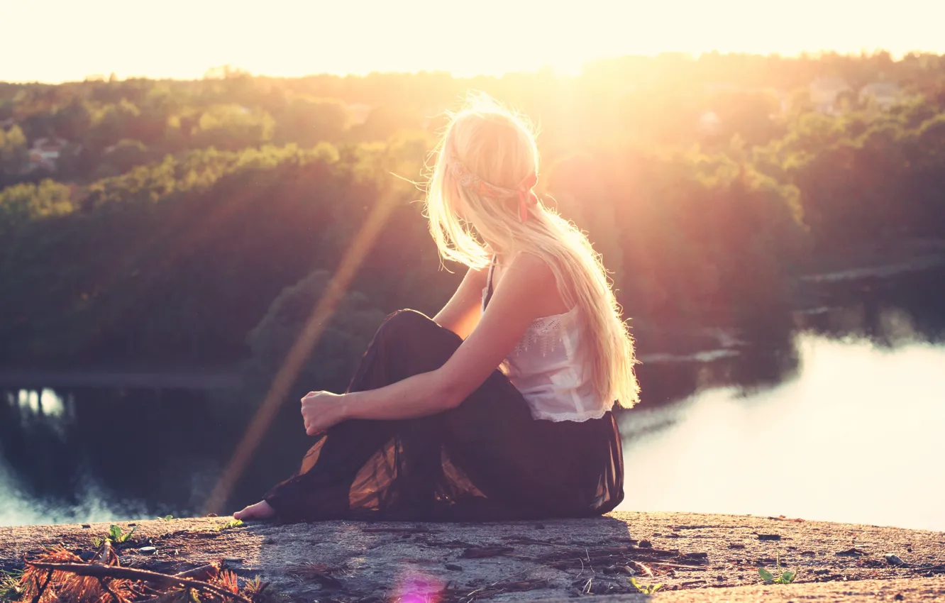 Photo wallpaper girl, the sun, blonde, sitting