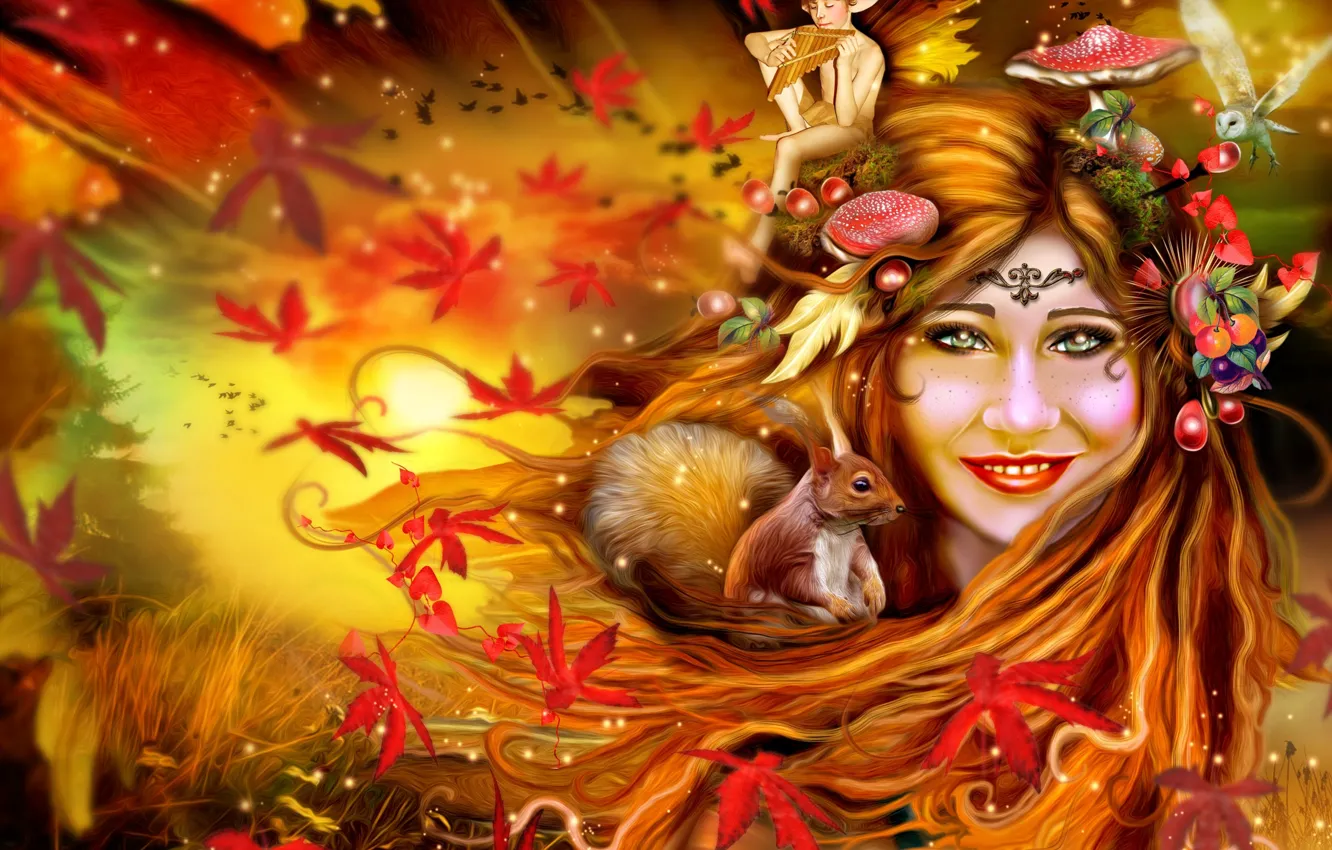 Photo wallpaper autumn, leaves, girl, owl, elf, mushrooms, protein