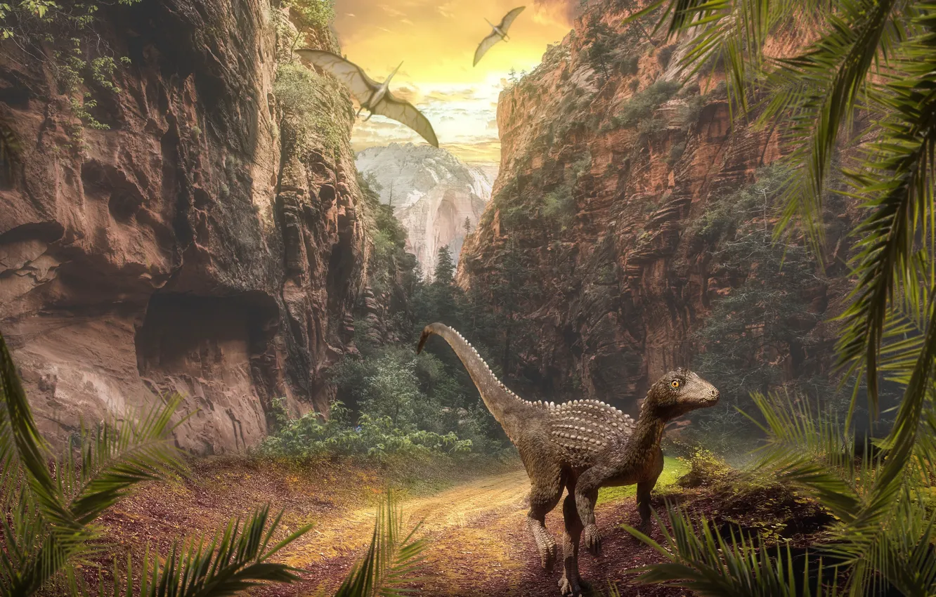 Photo wallpaper look, leaves, nature, rocks, vegetation, dinosaur, pterodactyl, The Jurassic period