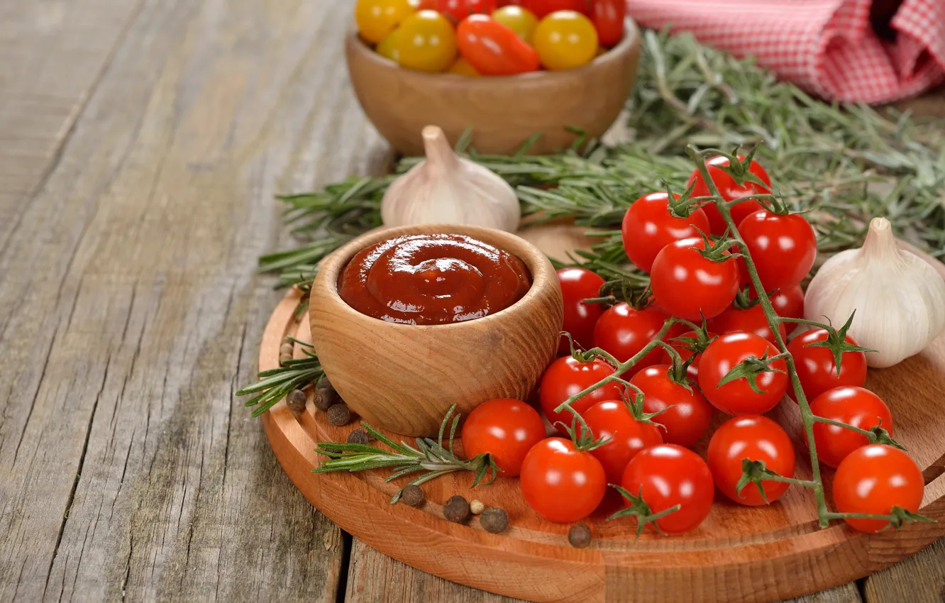 Photo wallpaper food, vegetables, tomatoes, spices, garlic, cherry, rosemary, tomato