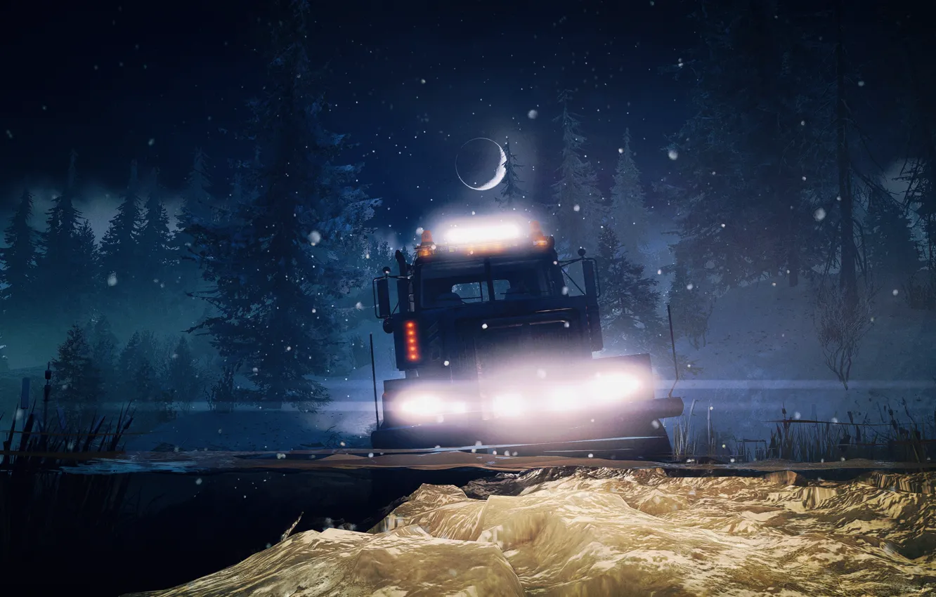 Photo wallpaper HDR, light, moon, Alaska, game, river, trees, wood