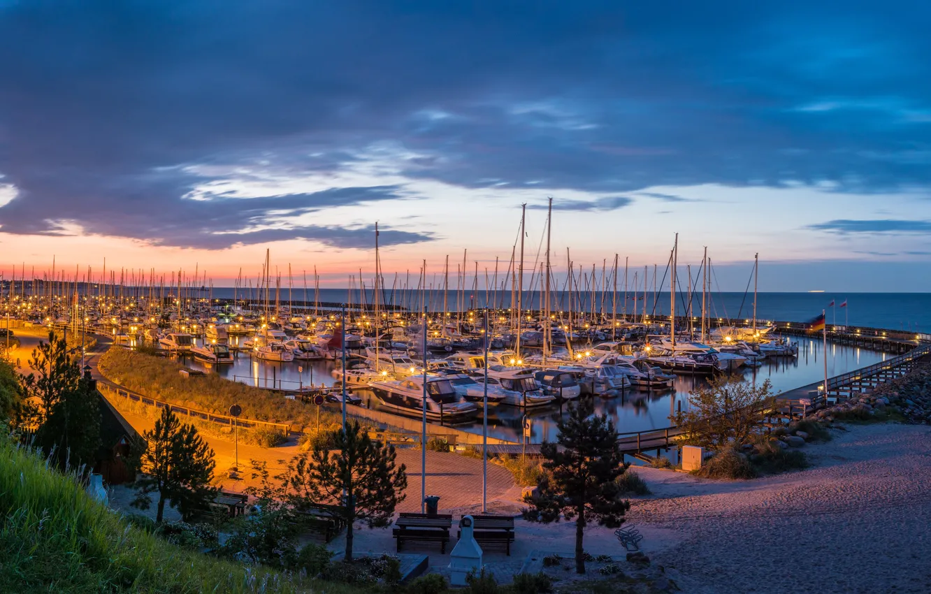 Photo wallpaper the sky, clouds, sunset, lights, shore, yachts, the evening, Germany